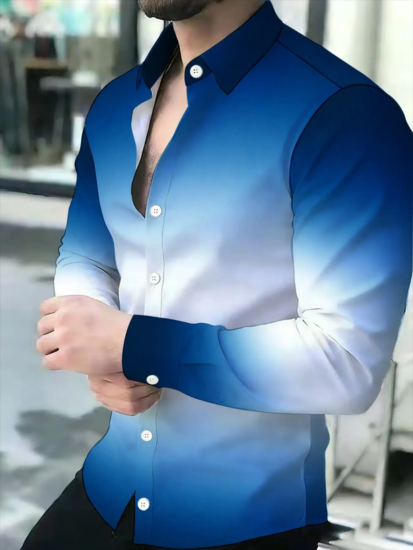 Blue & White Gradient Printed Men's Casual Long Sleeve Minimalist Shirt Collared Shirts