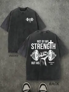 Vintage Not By My Strength But His Dumbbell Hand Cross Christian Gym T-Shirt, Washed Black Cotton Oversized Short Sleeve Tee, Front Back Faith Workout Casual Crewneck Shirt