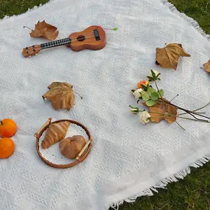 Retro Woven Cotton Picnic Blanket, Boho Outdoor Camping Mat, Tassel-Trimmed Beach Throw & Waterproof Tent Ground Cover