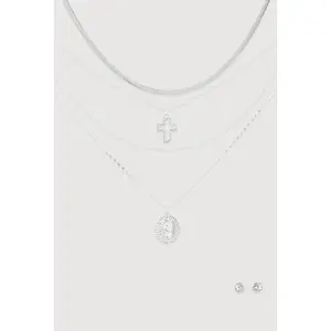 Cubic Zirconia Cross Layered Necklace and Stud Earrings Set