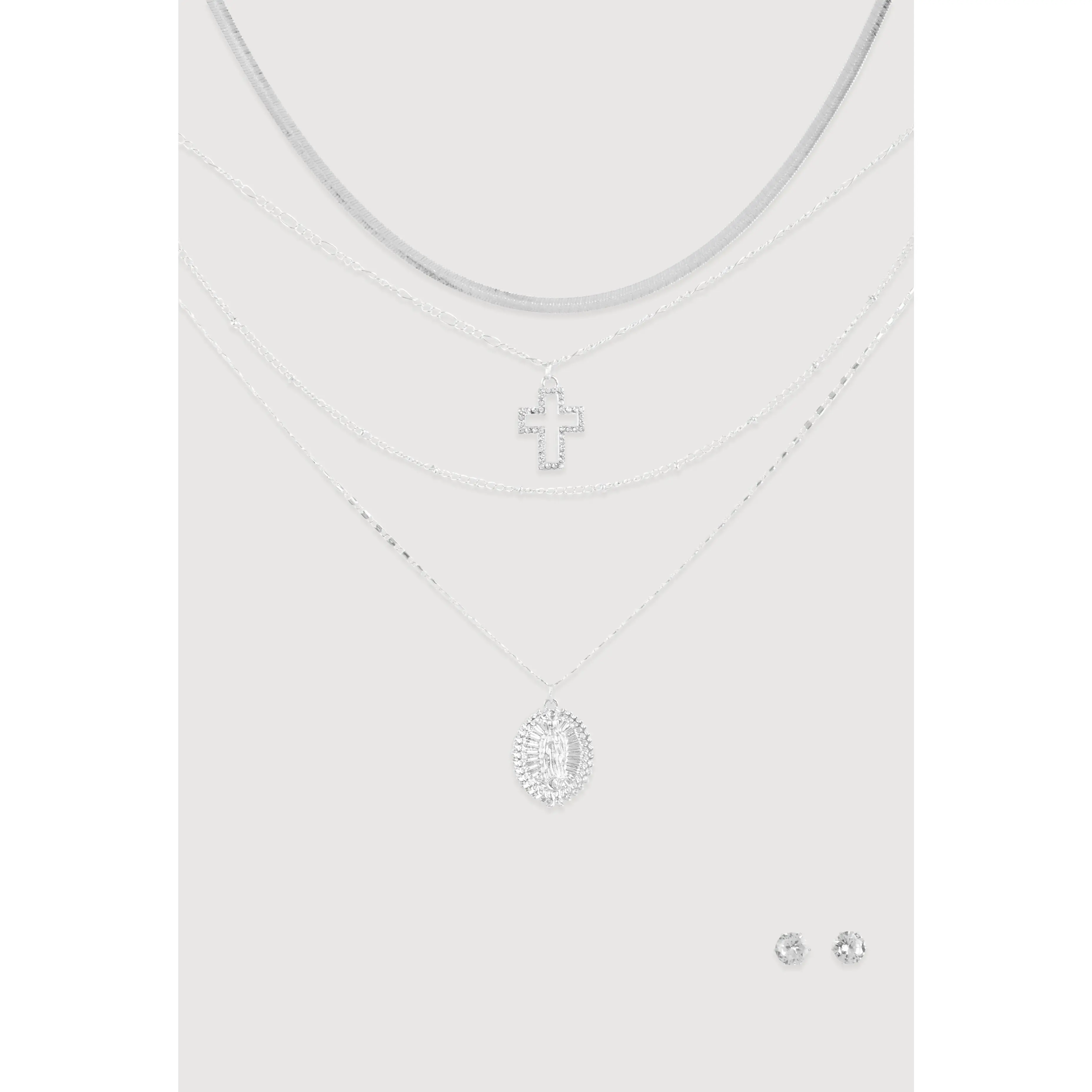 Cubic Zirconia Cross Layered Necklace and Stud Earrings Set