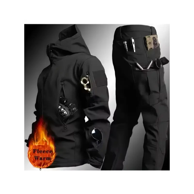 Men'S Two-Piece Tactical Outfit, Featuring a Lined Hooded Jacket And Pants, Designed to Be Windproof, Waterproof, And Durable, Equipped with Multiple Pockets, Suitable for Outdoor Activities in Autumn And Winter.