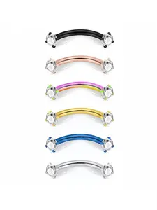 Curved Barbell Eyebrow Ring Set, 6PCS Multi-Color Titanium Plated Piercing Jewelry with Double CZ Gems, for Eyebrow, Lip & Belly