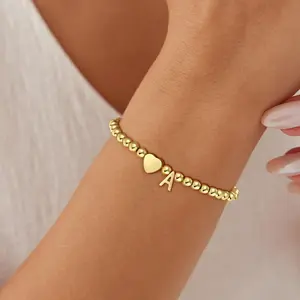 Gold Initial Bracelets for Women Girls - 18K Gold Plated A-Z Heart Initial Bracelet Dainty Beaded Bracelet Gold Bracelets for Women Teen Girl Gifts Trendy Stuff