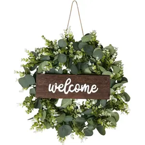 One piece, Green eucalyptus wreath with welcome sign, Artificial eucalyptus laurel wreath, Artificial eucalyptus garland for spring and summer, Suitable for front door, wall, window, festival porch, farmhouse courtyard and garden decoration
