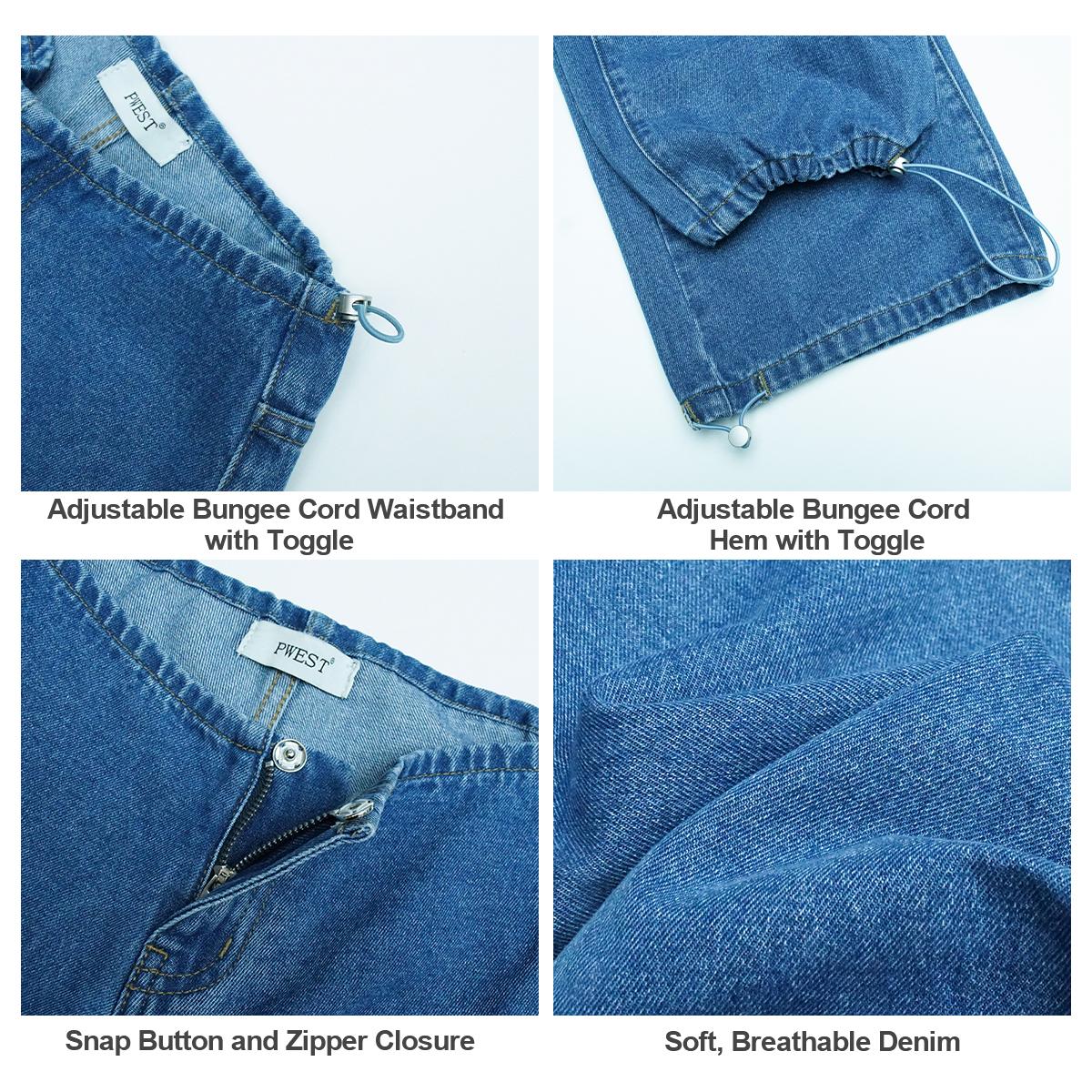 Pwest NYC Adjustable Low-Rise Wide-Leg Jeans — Adjustable Drawstring Waistband/Hem, Relaxed Straight Cut, Soft Daily Wear-Spring Summer