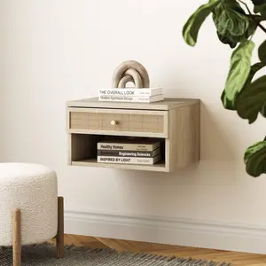 Nathan James Jackson Floating Side Table Rattan and Wood Light Oak