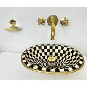 Engraved Brass Wall Faucet with Floral Cover Plate – 3-Hole Installation