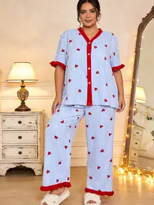 Women's Striped Heart Pattern Pyjama Set, Loose-Fitting Short Sleeve Top & Pants Sleepwear, Comfortable All-Season Home Wear