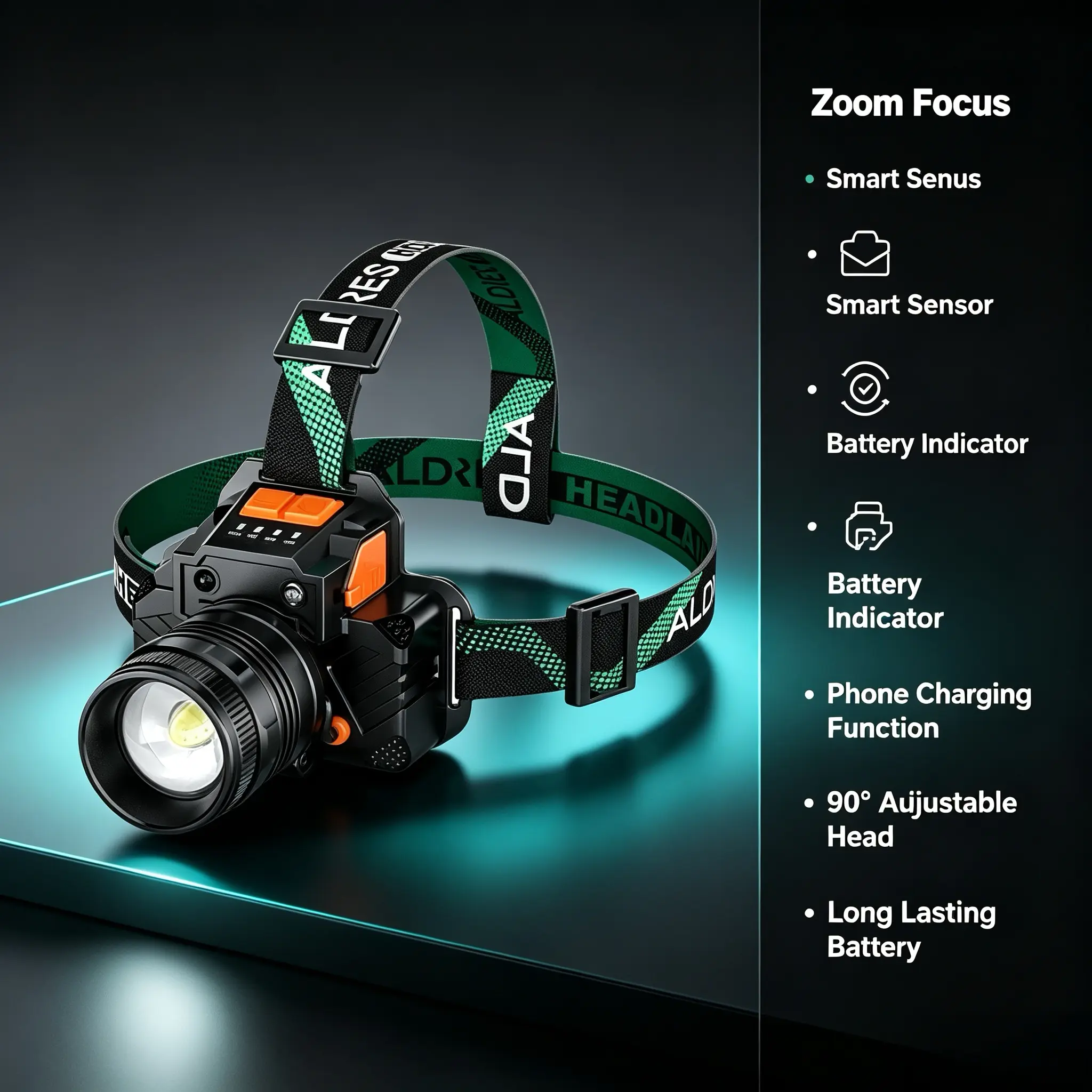 Zoomable Motion Sensor LED Headlamp with USB Phone Charging Function, 90° Adjustable Head, Battery Power Indicator, Hands-Free Wave Control Rechargeable Head Light for Fishing Camping Emergency Work outage home survival camp