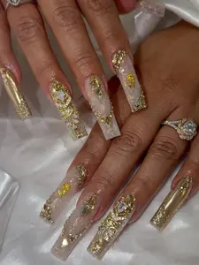 Handmade Luxury Gold 3D Baroque Press On Nails XL Long Square | Ornate Crystal Rhinestone Bling Wedding Fake Nails | Regal Elegant Gold Glam Nail Set