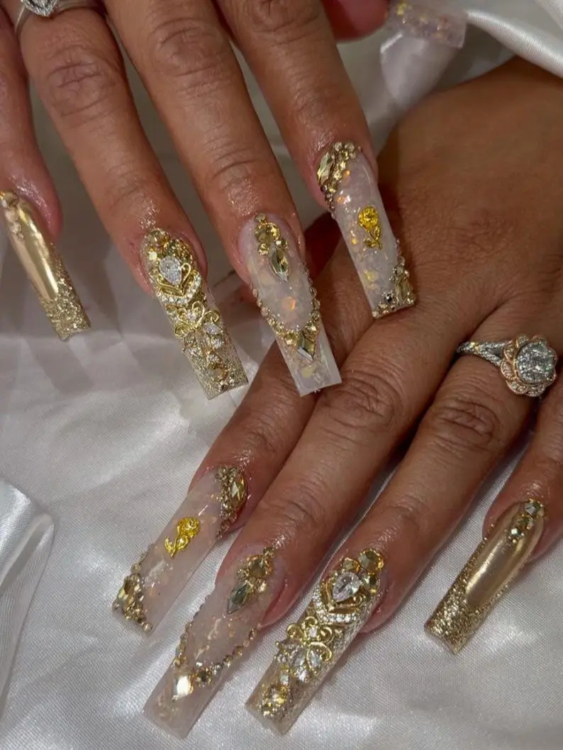 Handmade Luxury Gold 3D Baroque Press On Nails XL Long Square | Ornate Crystal Rhinestone Bling Wedding Fake Nails | Regal Elegant Gold Glam Nail Set