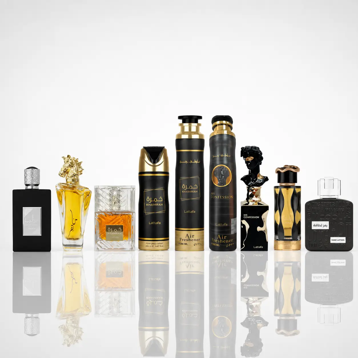 Ameer Al Arab + MAAHIR gold + Khamrah + Khamrah DEODORANT + Khamrah AIR FRESHENER + HIS CONFESSION AIR FRESHENER + HIS CONFESSION + TERIAQ BLACK + RAMZ LATTAFA SILVER -- 9 PIECE BUNDLE