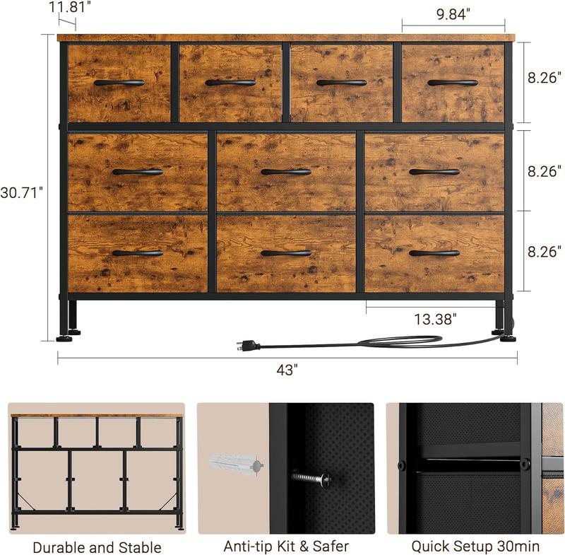 【Deals for Your Days】AOWOS 10 Drawer Dresser, Dresser TV Stand with Power Outlet, Bedroom Dresser, Chest of Drawers for 55'' Long TV, Wide Fabric Dresser for Storage and Organization
