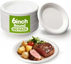 100-Pack 6-Inch Disposable Paper Plates - Heavy-Duty, Compostable, Biodegradable, Non-Plastic, Microwave-Safe, Leak-Proof Dessert Plates for Parties, Picnics, Disposable Plates