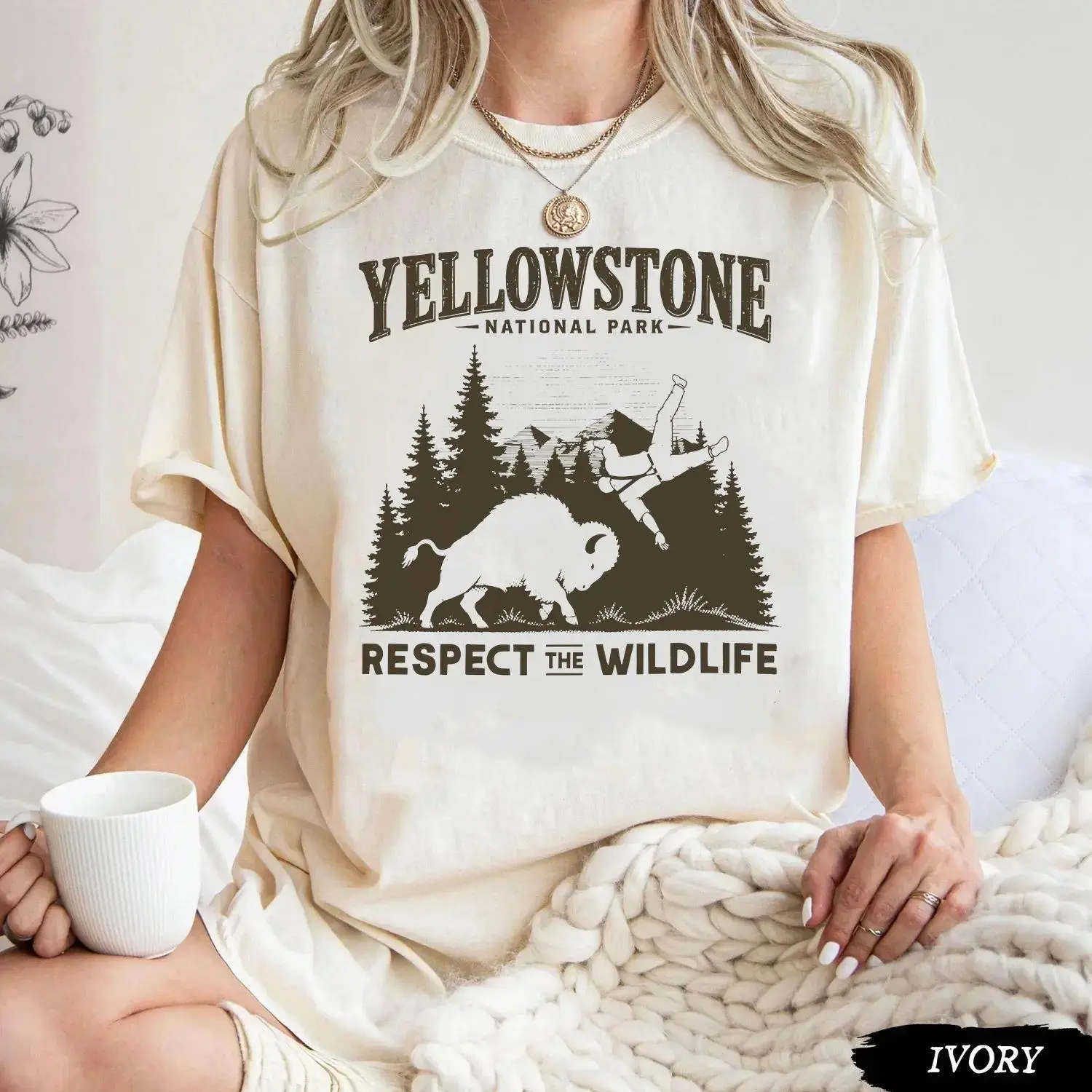 Respect the Wildlife Graphic Tee Bison Mountain Nature Shirt Wildlife Conservation T Shirt Vintage Outdoor Graphic Casual Cotton Short Sleeve Crew Neck Unisex Streetwear Fashion Top Hiking Camping Gift for Nature Lovers