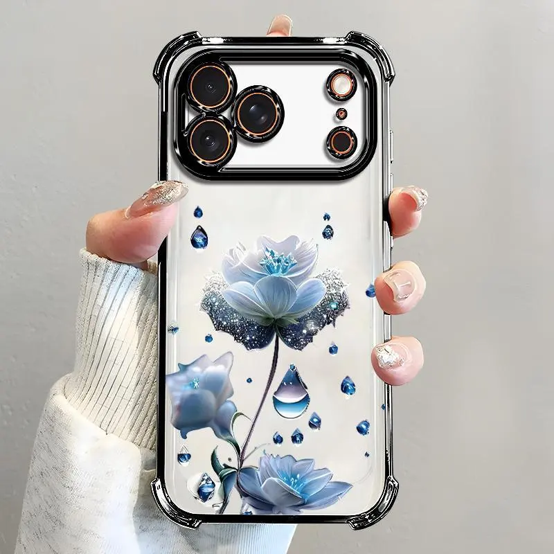 For [iPhone 17 Pro] luxury women's phone case🥰, electroplated four-corner shockproof protection, crystal clear blue flower with water drop design, sophisticated and eye-catching666