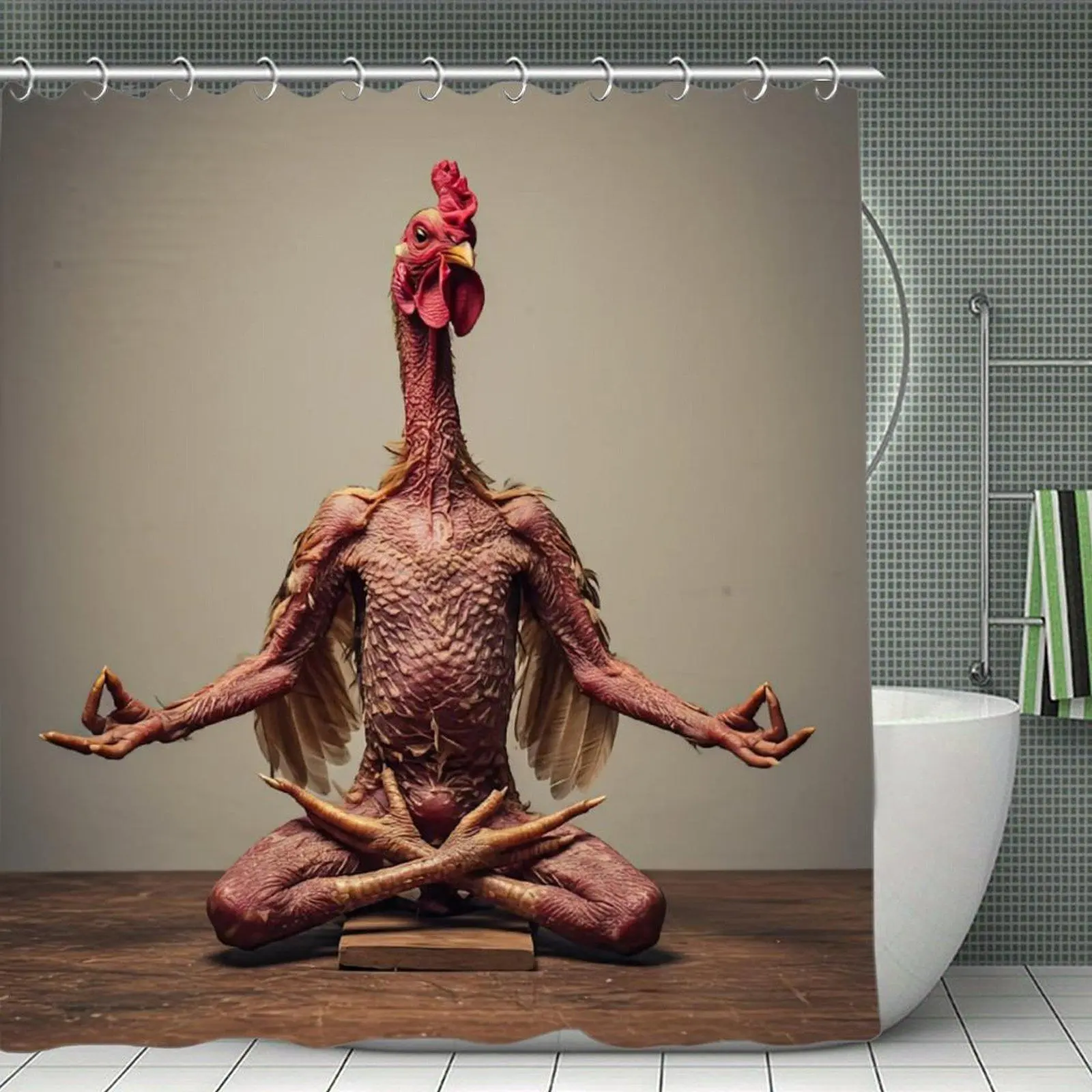Meditating Chicken Yoga Pose Print Waterproof Shower Curtain - Plastic, Stainless Steel Accents, Bathtub & Window Bathroom Decor, Weird Funny Home Supply