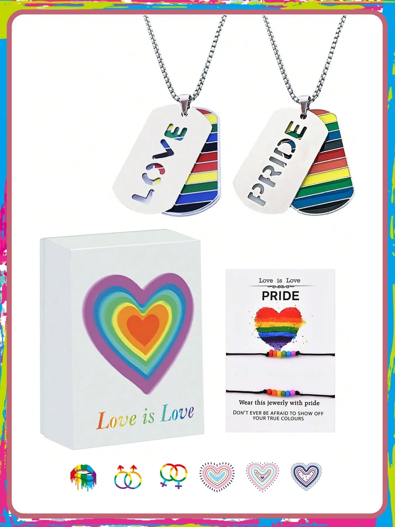 Pride Rainbow Jewelry Gift Set, Neutral Fashion Rainbow Flag Necklace, Lgbtq Pride Theme, Includes Love Is Love Necklace and Bracelet, Luxury Box