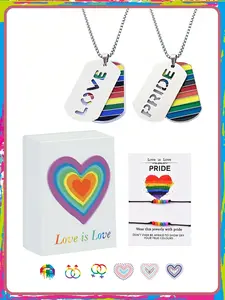 Pride Rainbow Jewelry Gift Set, Neutral Fashion Rainbow Flag Necklace, Lgbtq Pride Theme, Includes Love Is Love Necklace and Bracelet, Luxury Box