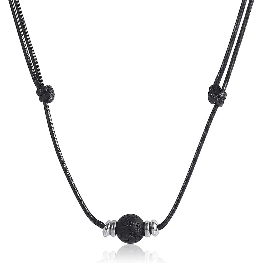 Unisex 1.5mm Man-made Leather Rope Chain Necklace Choker with Black Lava Rock Bead, Adjustable Length, Ideal Christmas Gift for Men and Women, Unisex Names