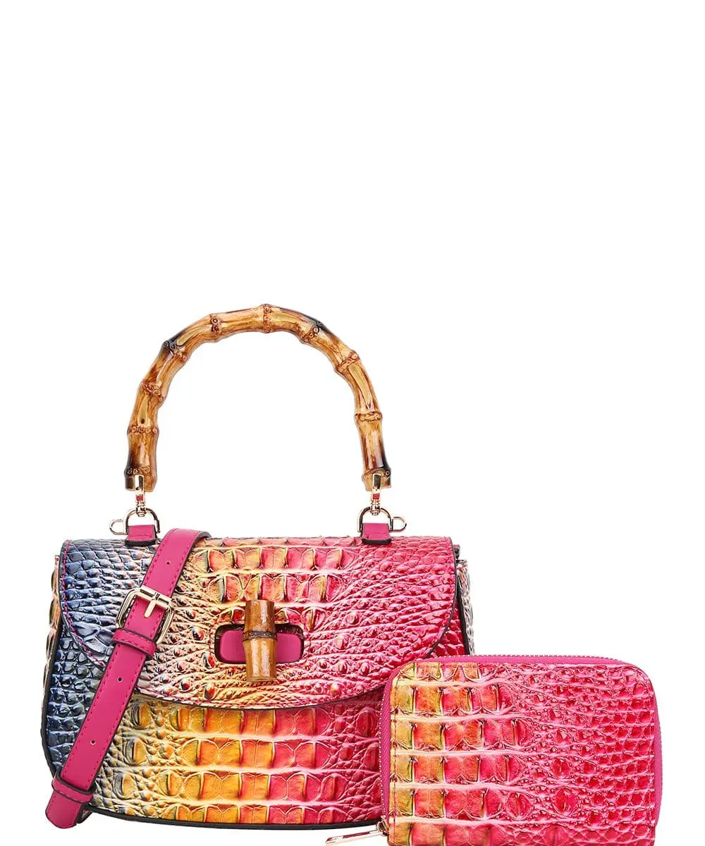 Women's Satchel Handbag 2 in 1 Set, Faux Leather Tie-Dye Crocodile Cute Purse with Bamboo Handle and Matching Wallet, Bags And Accessories, Chic Handbag, Messenger Bags, Casual Bags, Vegan Leather