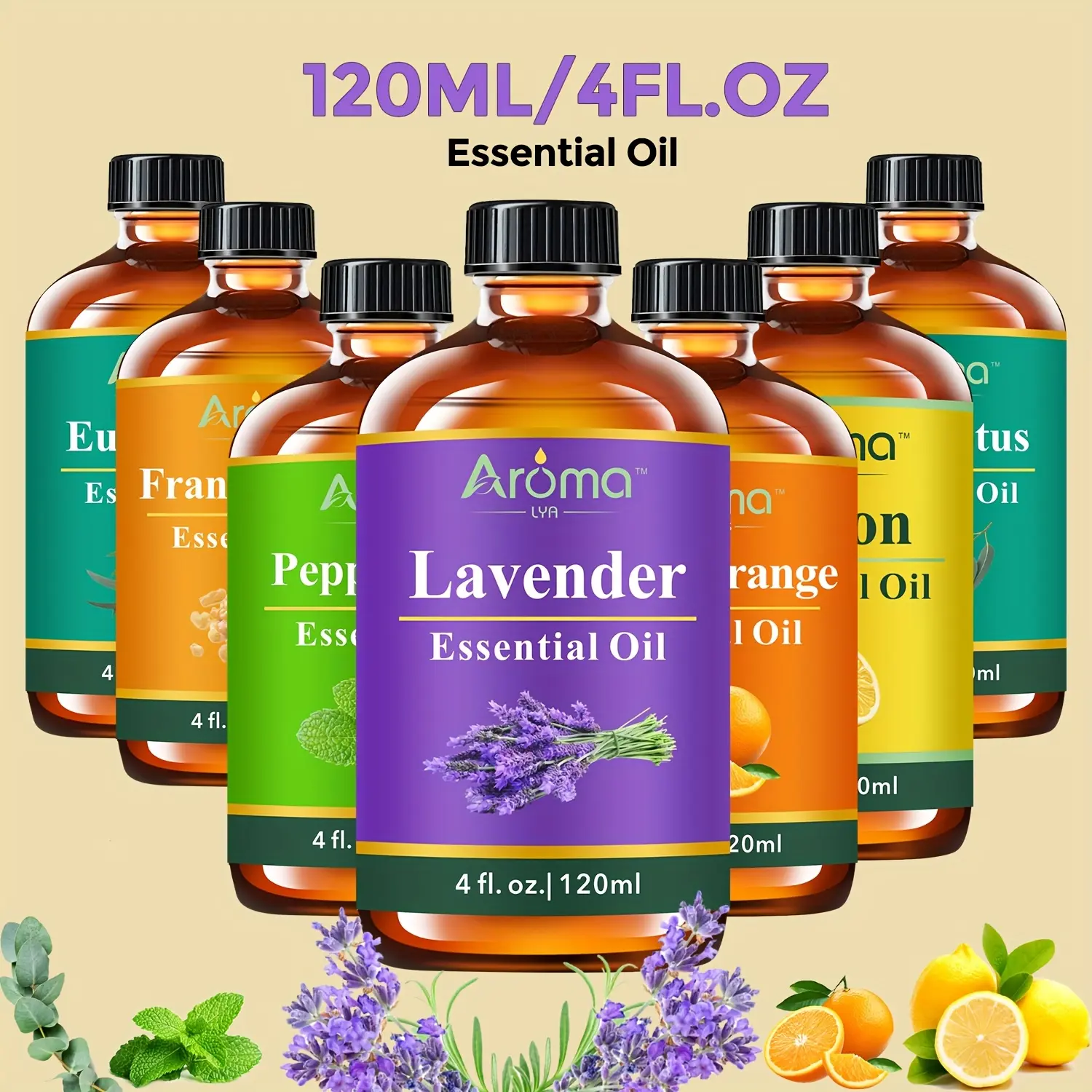4 fl oz Natural Carrier & Essential Oils Set - Aromatherapy Oils (Lavender, Eucalyptus, Frankincense, Lemon, Sweet Orange, Peppermint) - Prop 65 Safe, >1 Bottle, Car Air Freshener, Diffuser Use - Local Warehouse, Mother's Day Gift, Peppermint Essential Oi