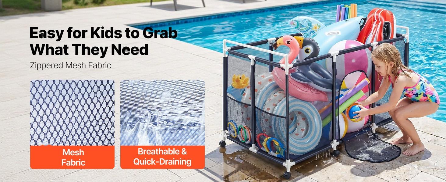 Pool Storage Bin And Rolling Organizer For Pools, 62.6 X 32 X 36 Inches, Durable Plastic Frame With Side Pockets, Casters, Mesh Basket For Pool Toys, Noodles, Floats, And Accessories