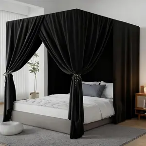 4 Corner Post Queen Size Black Lightproof Siamesed Bed Canopy Curtains Drapes for Adults & Girls Bedroom Decoration