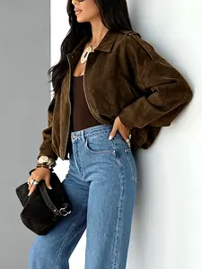 Women's New Regular Style Vintage Coffee Brown Jacket - Faux Leather/Suede Bomber, Long Sleeve Single Breasted, Short Windproof, Pockets & Metal Buttons for Fall Winter Outdoor