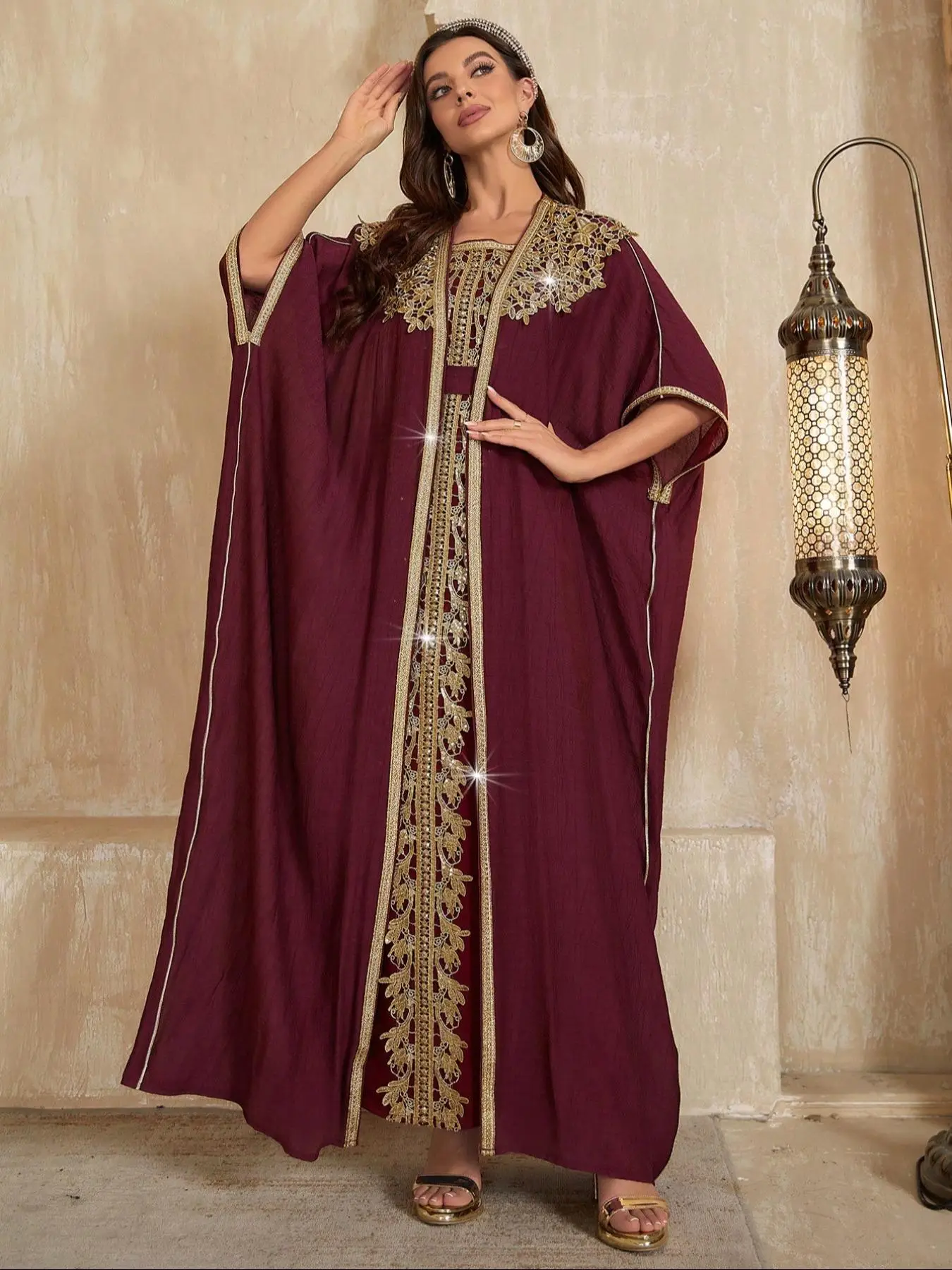 Women's Solid Color Batwing Sleeve Abaya & Dress Two-Piece Set, Modest Casual Long Sleeve Open Front Abaya & Dress with Belt, Women's Islamic Clothing