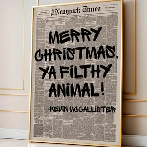 Retro Merry Christmas Ya Filthy Animal Newspaper Poster, Christmas Wall Art, Funny Holiday Quote Print, Christmas Movie Poster, Xmas Decor