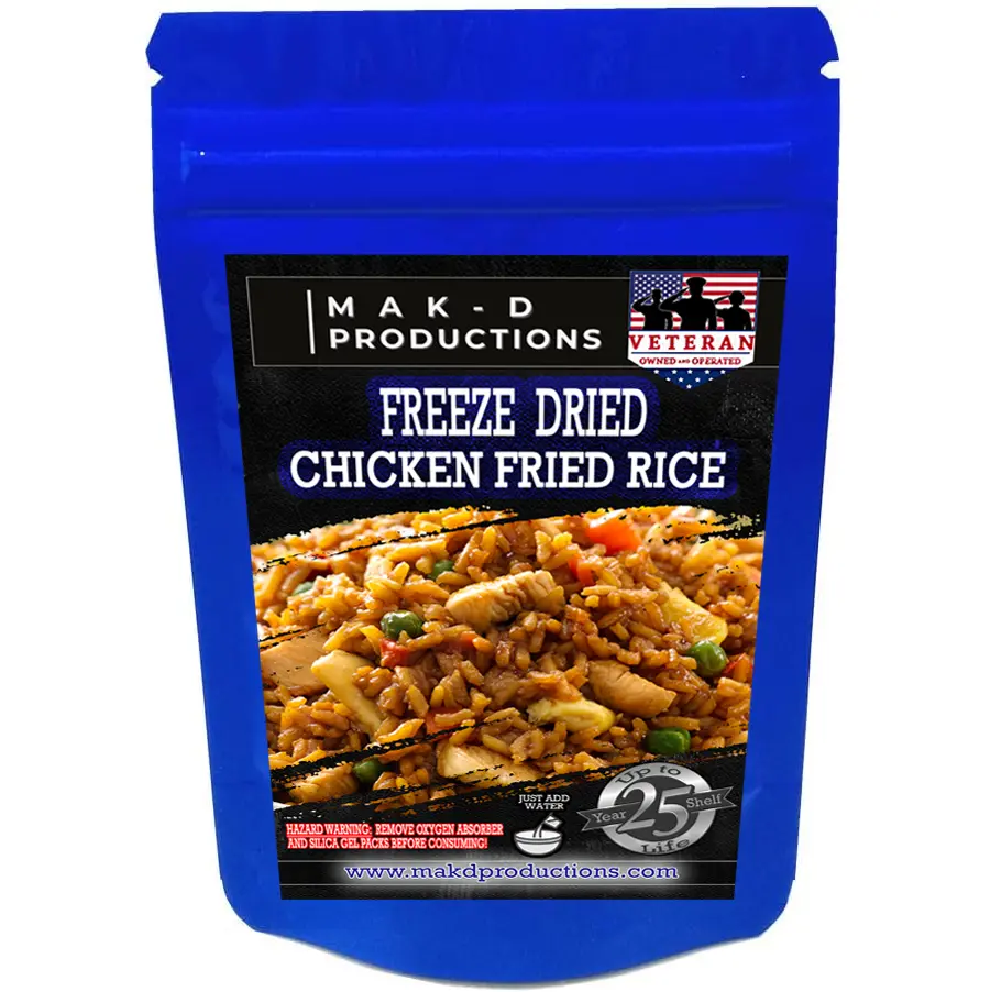 MAK D Productions - Freeze Dried Meal  - Chicken - Rice - Chicken Fried Rice - Gourmet Recipes by a Sullivan University (Louisville, Kentucky) Culinary Chef Graduate - NEVER BLAND TASTING - MADE IN THE USA