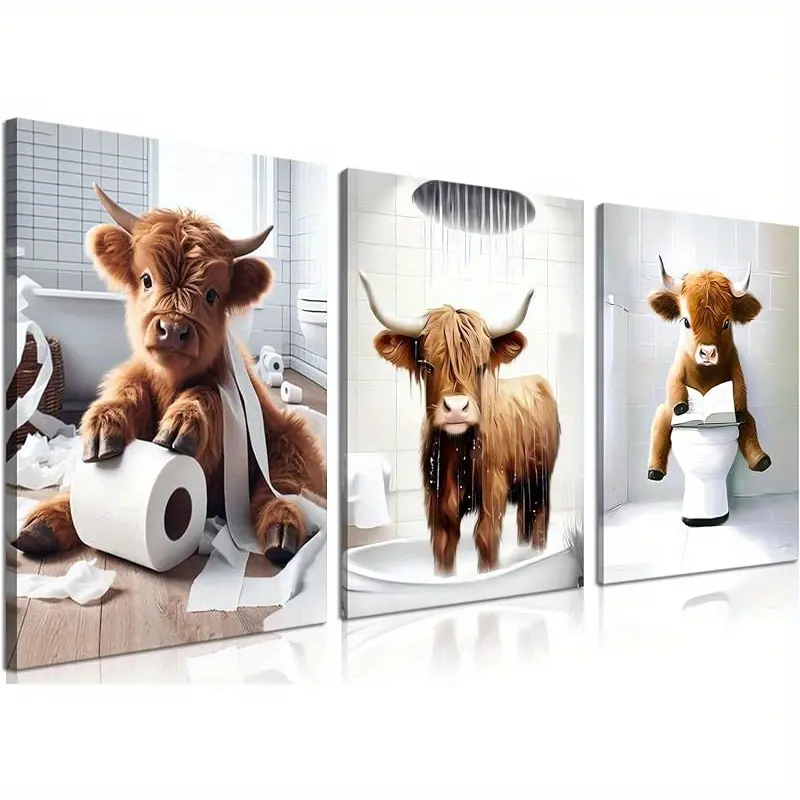 3-Piece Highland Cow Canvas Decorative Wall Art Set, Vintage Farmhouse Style, Wood Framed or Unframed Artistic Animal Print, Perfect for Bathroom & Modern Home Decor, Artistic Indoor Decoration, Decoration Items, Artwork