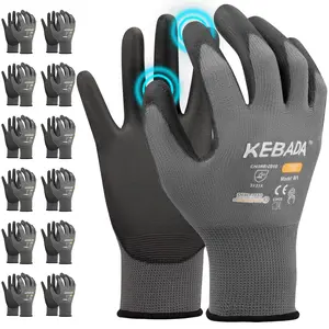 W1 for Men and Women, PU Coated Safety Gloves with Grip, Touchscreen, for Warehouse Package Handling, Construction,, 12 Pairs Gray