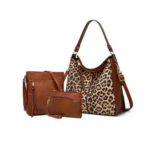 Women's Elegant Leopard Print Tote Bag & Wristlet & Crossbody Bag, Fashionable Large Capacity Bag Set, Casual Business Bag Set