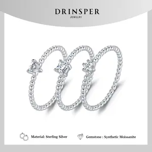 Drinsper S925 Beaded Band DVVS Synthetic Moissanite Sterling Silver Ring for Women Girls Heart Square Round Design Versatile Elegant Style Suitable for Daily Wearing Stacking