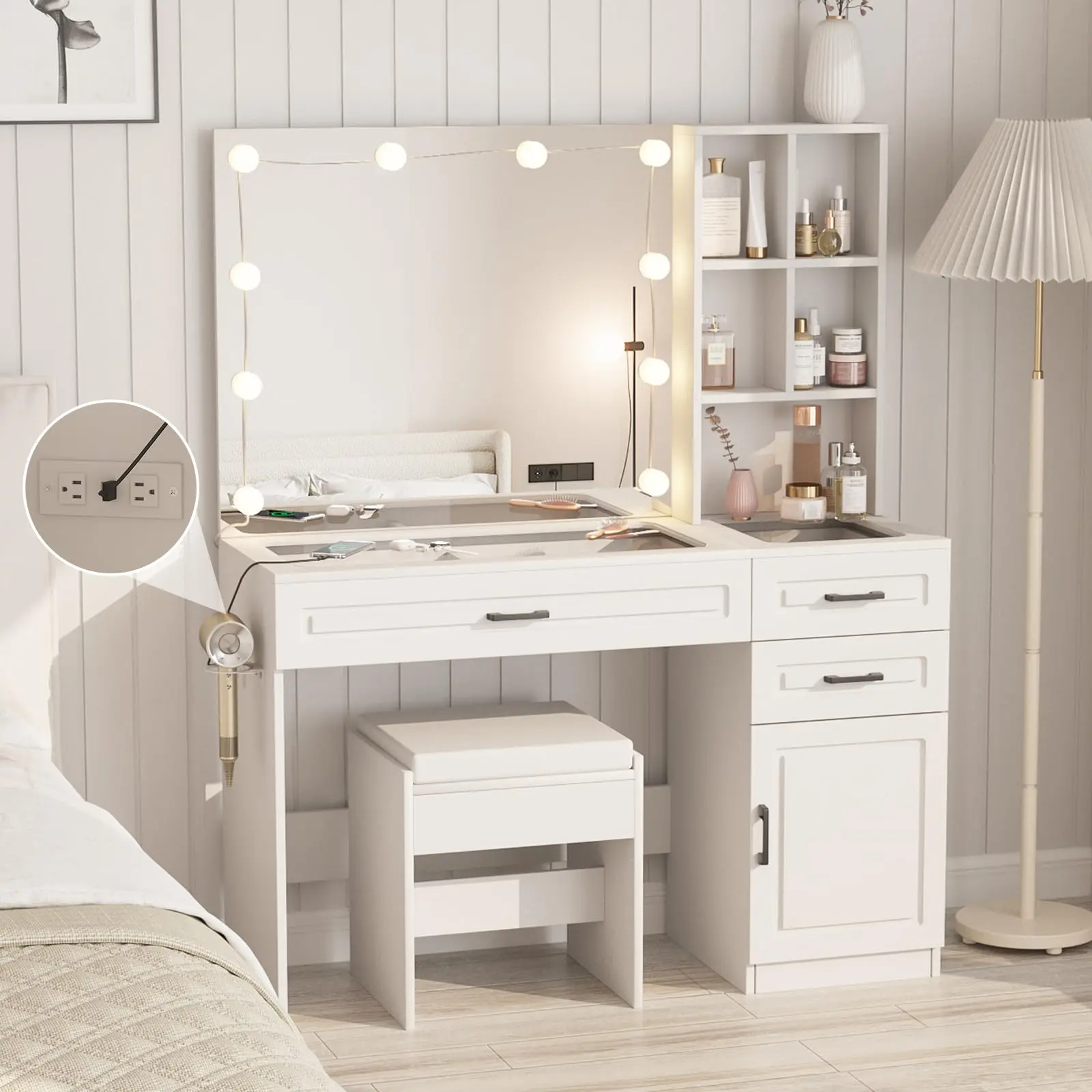 [Summergarden] Vabches Modern Makeup Dressing Desk - Large LED Vanity Table with Glass Top, Dresser with LED, and Ample Storage