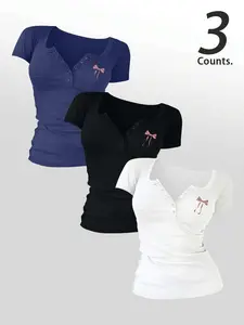 Butterfly Bow Printed Women's Colorblock Round Neck Button Tee, Casual Short Sleeve T-shirt for Daily Wear, Ladies Clothes for All Seasons, Top