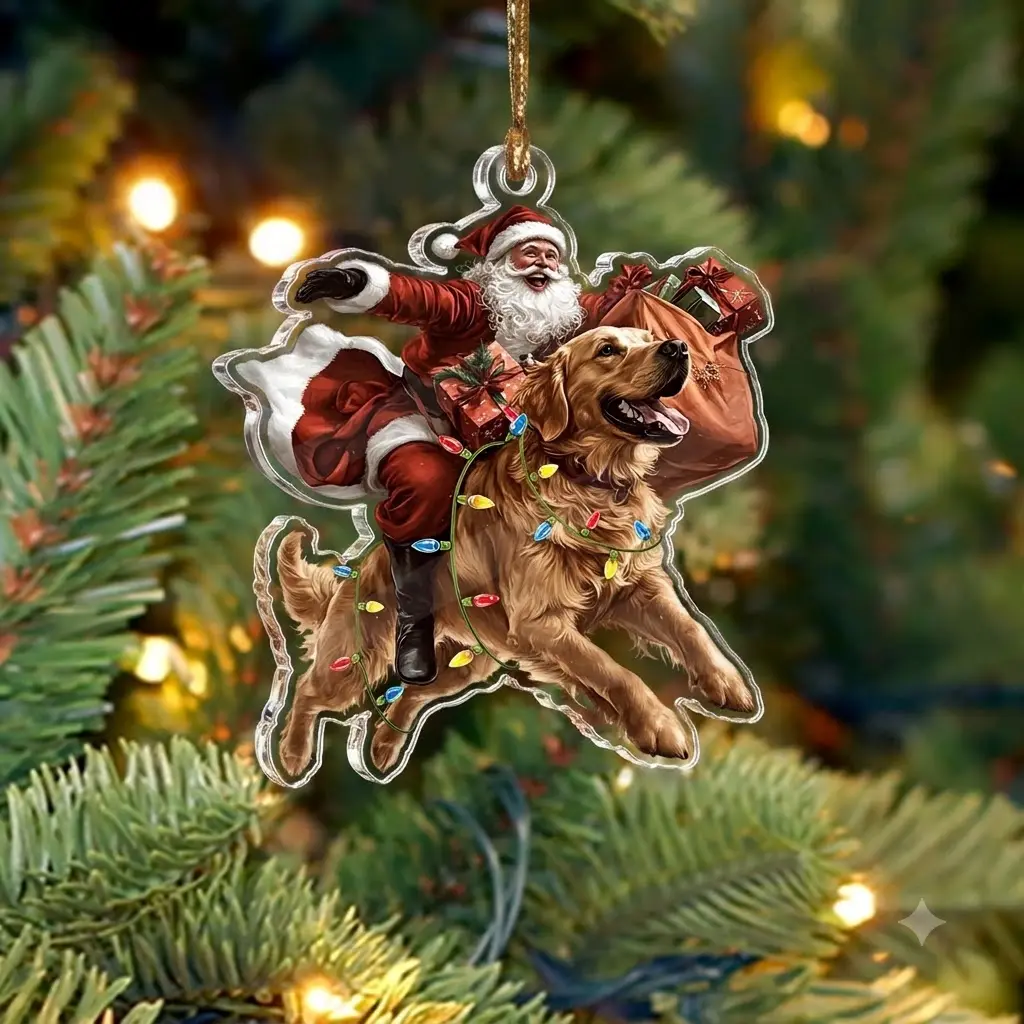 Santa Claus Riding Dog Acrylic Ornament, Funny Christmas Dog Ornament, Santa on Dog Christmas Tree Decoration, UV Printed Clear Acrylic Holiday Keepsake, Gift for Dog Lovers, Festive Xmas Hanging Ornament, Cute Pet Christmas Decor
