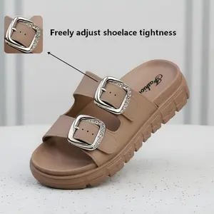 Women Double Rhinestone Buckle Adjustable Strap Platform Slide Sandals,4cm Hidden Height Increase Chunky Non-slip Sole Casual Outdoor Fashion Slides  #WomensSummerSandals #RhinestoneShoes #OutdoorSlides #OOTDFootwear Girl Flipflop