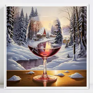 Wine Glass 5D Diamond Painting Set Canvas No Frame, Tool Kits Snow Scenery Full Round Diamond Paint Red Chalet Wall Decor, Diamond Art Tools DIY Kits