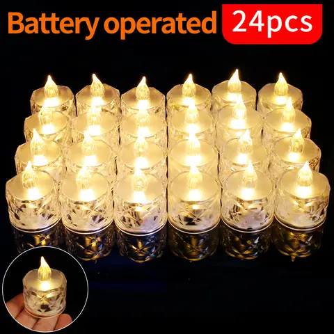 24-Pack Bulk Flameless LED Tea Light Candles - Crystal Glass Votive, Realistic Warm White Flicker, Battery-Operated (Batteries Required), Switch On/Off Fast, Romantic Glow, Fire-Free No Open Flame Safe Mood Lighting for Indoor Decor, Festive Scene Use, Fi