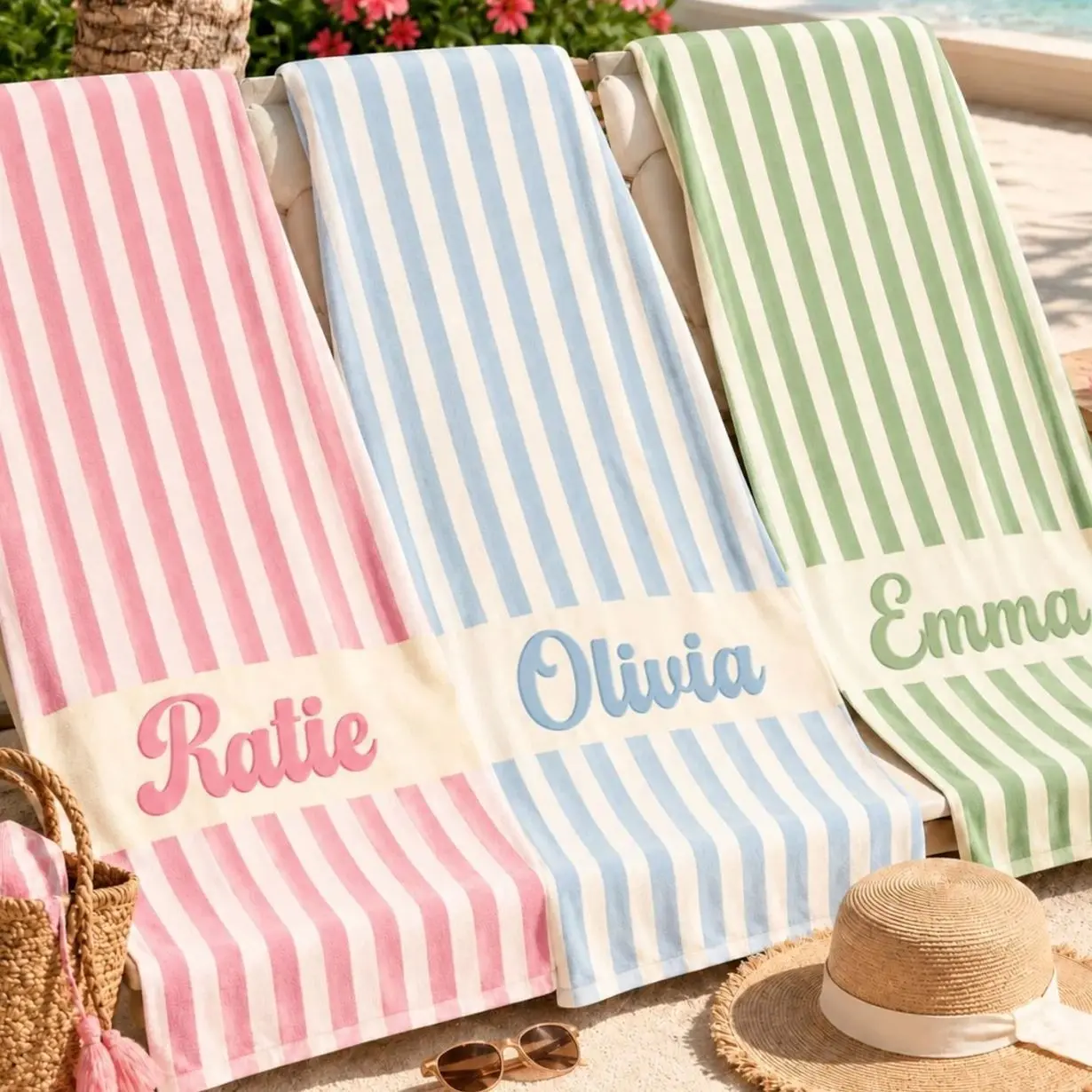 Personalized Beach Towel with Name, Custom Striped Beach Towel, Personalized Summer Towel, Custom Gift for Her, Beach Vacation Gift