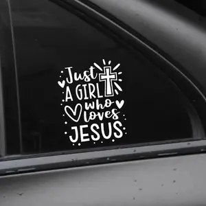 JOCK Just A Girl Who Loves Jesus Decal Car Sticker, 6.1"×4.6" Jesus Cross Vinyl Sticker Car Bumper Decal, Waterproof Auto Exterior Decoration Decals for Cars, Truck, Wall, Window, Laptop (White)