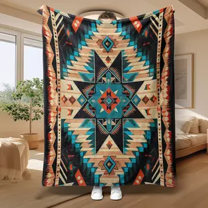 Vintage American Indian Geometric Flannel Blanket, Soft Winter Throw for Bed Sofa Office Napping, Warm Home Decor Accessory