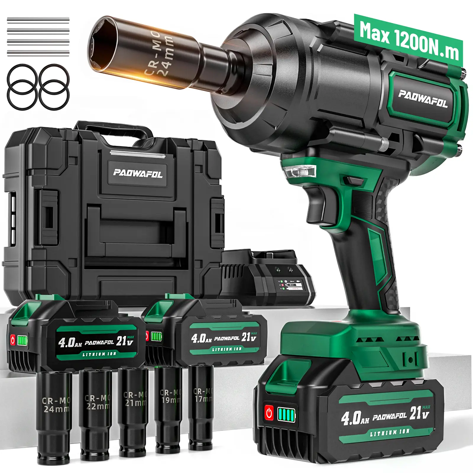 PAOWAFOL 1200N.m(900ft-lbs) Cordless Impact Wrench, High Torque 1/2" Impact Gun with 2* 21V 4.0AH Battery, Fast Charger, 5 Sockets & Storage Case, Bru