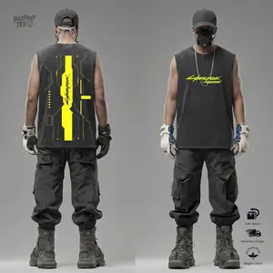 Cyberpunk Tech Line Tank Tops For Men, Vintage Clothing Acid Washed Graphic Tees, Y2K Clothing Streetwear Outfits, 280gsm Cotton Guys Gifts, Gamer Gift