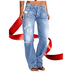 Women's Ripped Flare Wide Leg Slightly Stretchy Jeans - Fashion Distressed Casual Streetwear - US Size XS-XXL