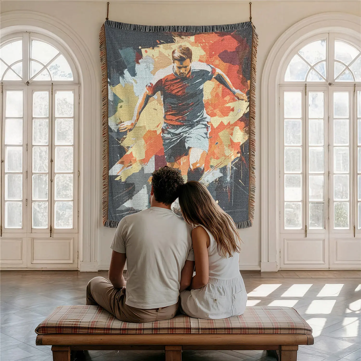 Soccer Pattern Home Decor Yarn Woven Wall Art Tapestry for Bedroom Dorm Living Room- with Fringe Tassels Not Printed - Multipurpose Design Soft Boho H Chair Couch Bed Cover Throw Towel Slipcover Travel Garden Outdoor Camping Picnic Beach